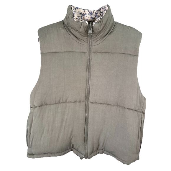 Blank NYC Reversible Puffer Vest Cream Floral Print Olive Green Large Cottage - Picture 4 of 12